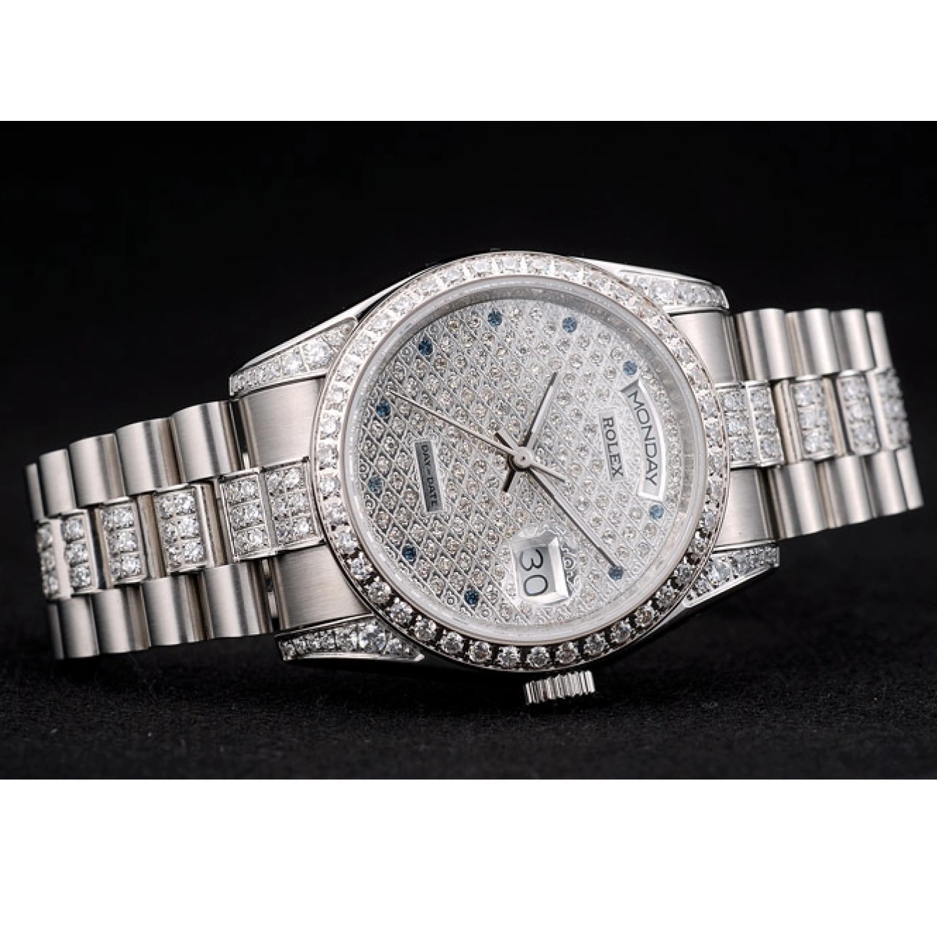 Aaa fake watches 41986 Plated Dial Rolex Plated Diamond Diamond Steel Stainless DayDate Bracelet 0728
